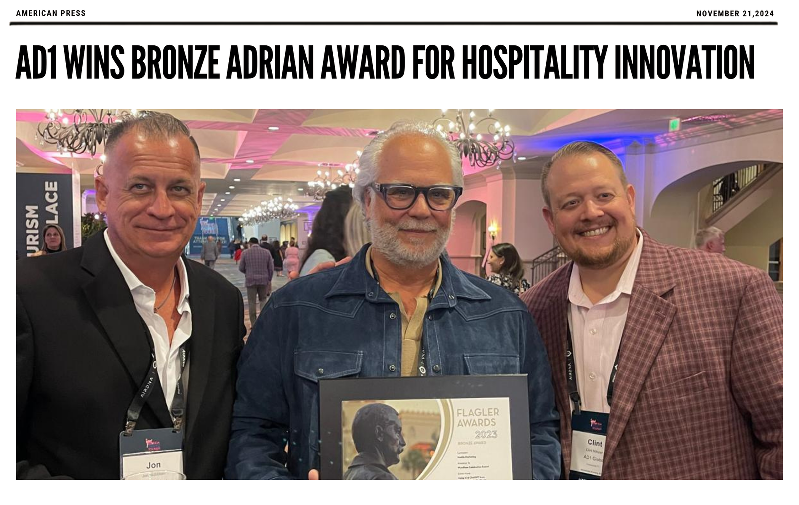 AD1 Wins Bronze Adrian Award for Hospitality Innovation